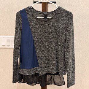 ROCOCO Textured Knit Top with Sheer Hem & Asymmetric Navy Panel – Size S